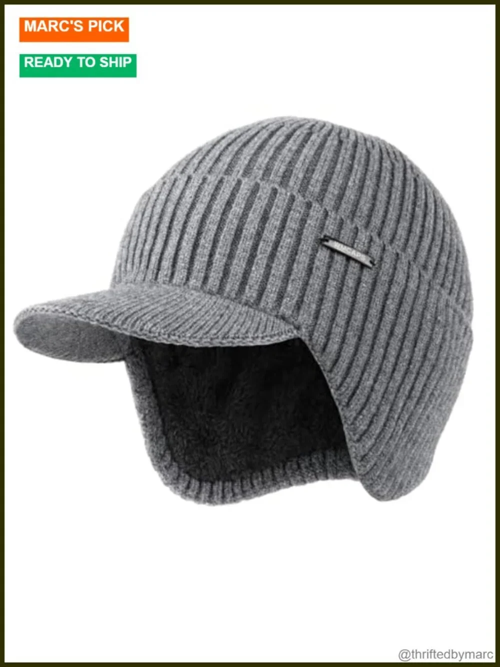 Winter Beanie with Brim and Ear Flaps, Fleece Lined Knit Hat for Outdoor